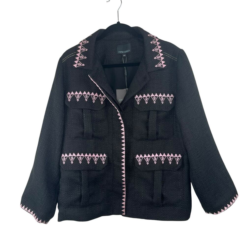 Cynthia Rowley Anthropologie Black Tweed Oversized Utility Jacket Pink NWT XS